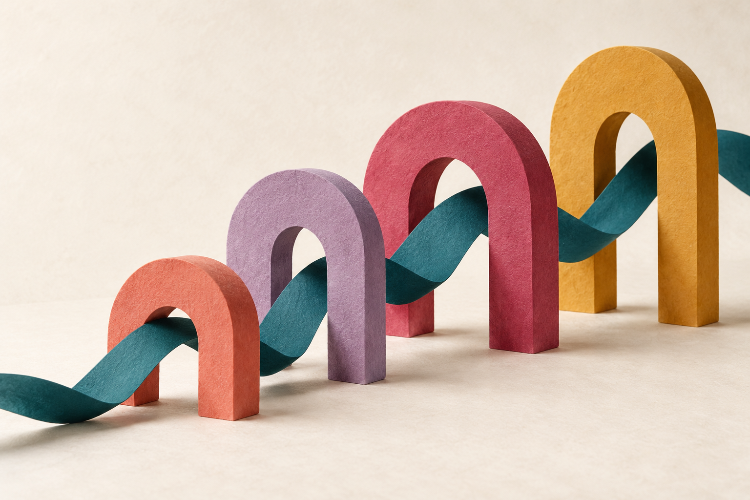 Escultura de papel con caminos y arcos de colores que simbolizan distintas formas de aprender y conectar